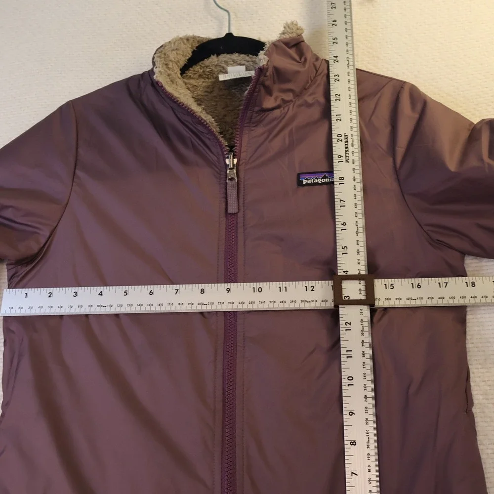 Patagonia Kids XL 14 Reversible Fleece Jacket Purple Tan Full Zip Outdoor Coat